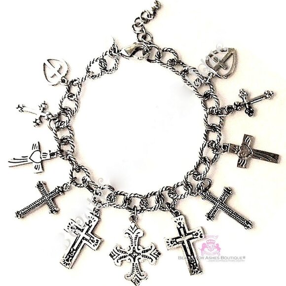 Beauty for Ashes Jewelry - BFA Womens Girls Multi Ornate 11 Cross Charms Link Silver Heart Love Bracelet